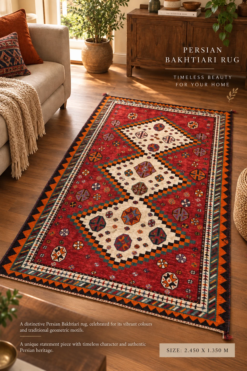 Handcrafted Persian Bakhtiari Rug (2.45m x 1.35m)