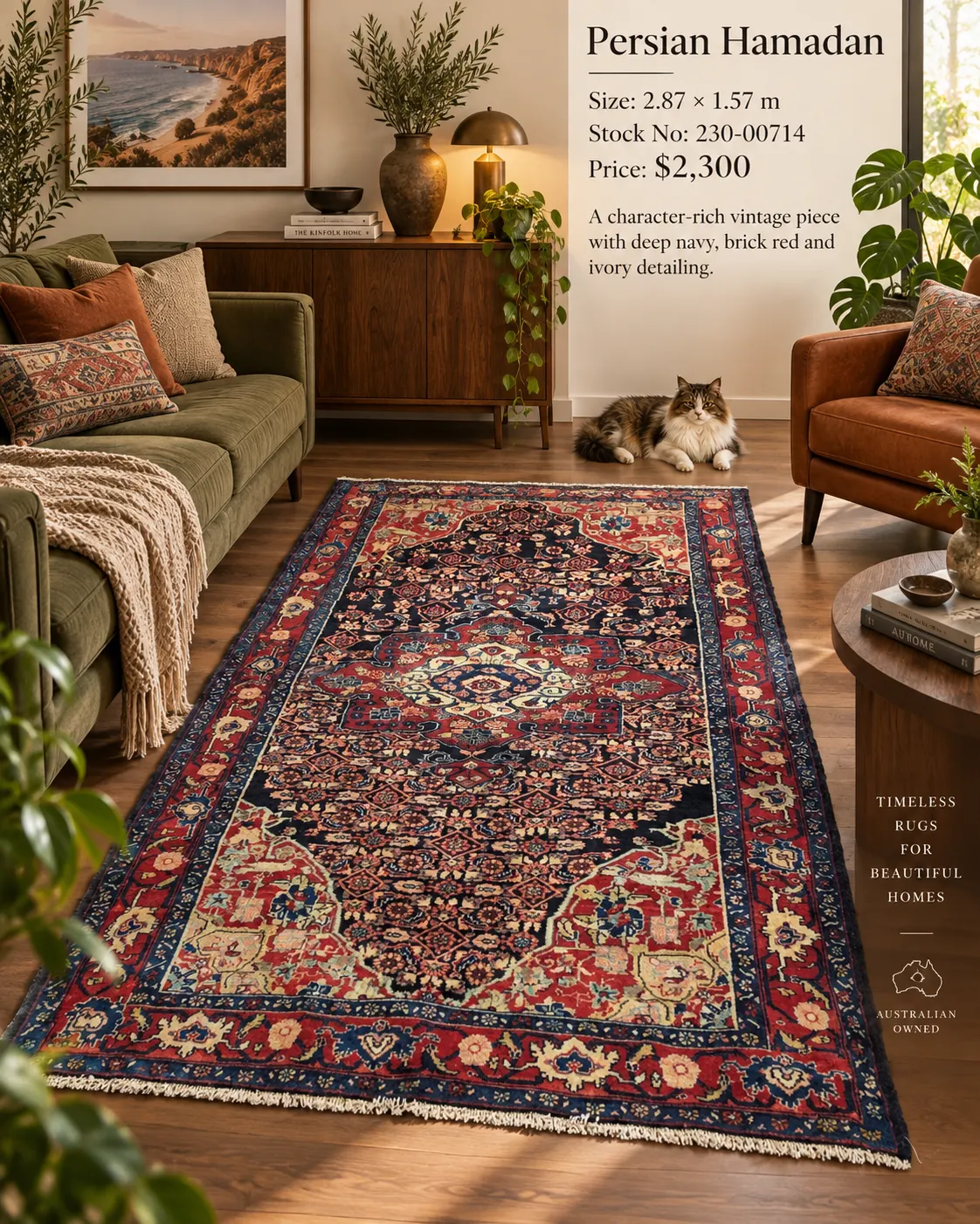 Handcrafted Persian Hamadan Vintage Rug (2.87m x 1.57m)