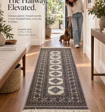 Handcrafted Pakistani Wool Runner Rug  (2.59m x 0.76m)