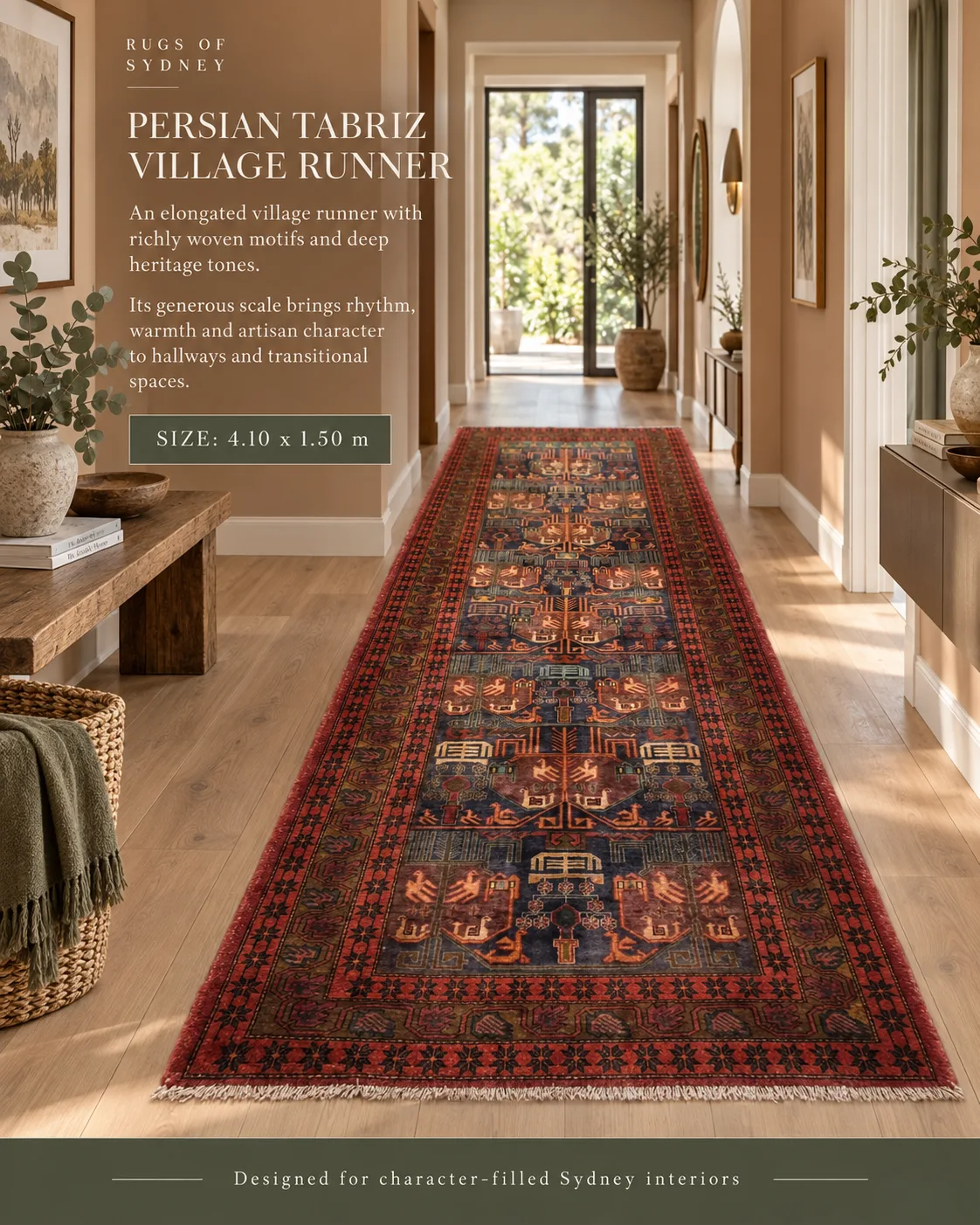 Handwoven Persian Tabriz Village Runner (4.10m x 1.50m)