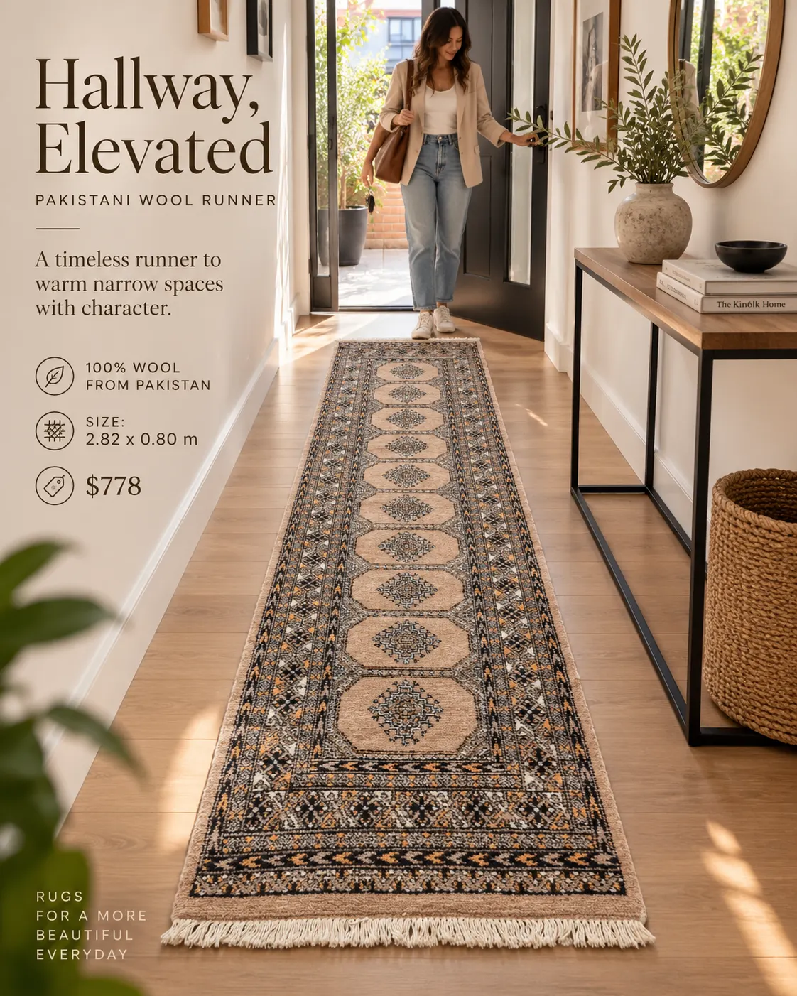 Handcrafted Pakistani Wool Runner Rug (2.82m x 0.80m)